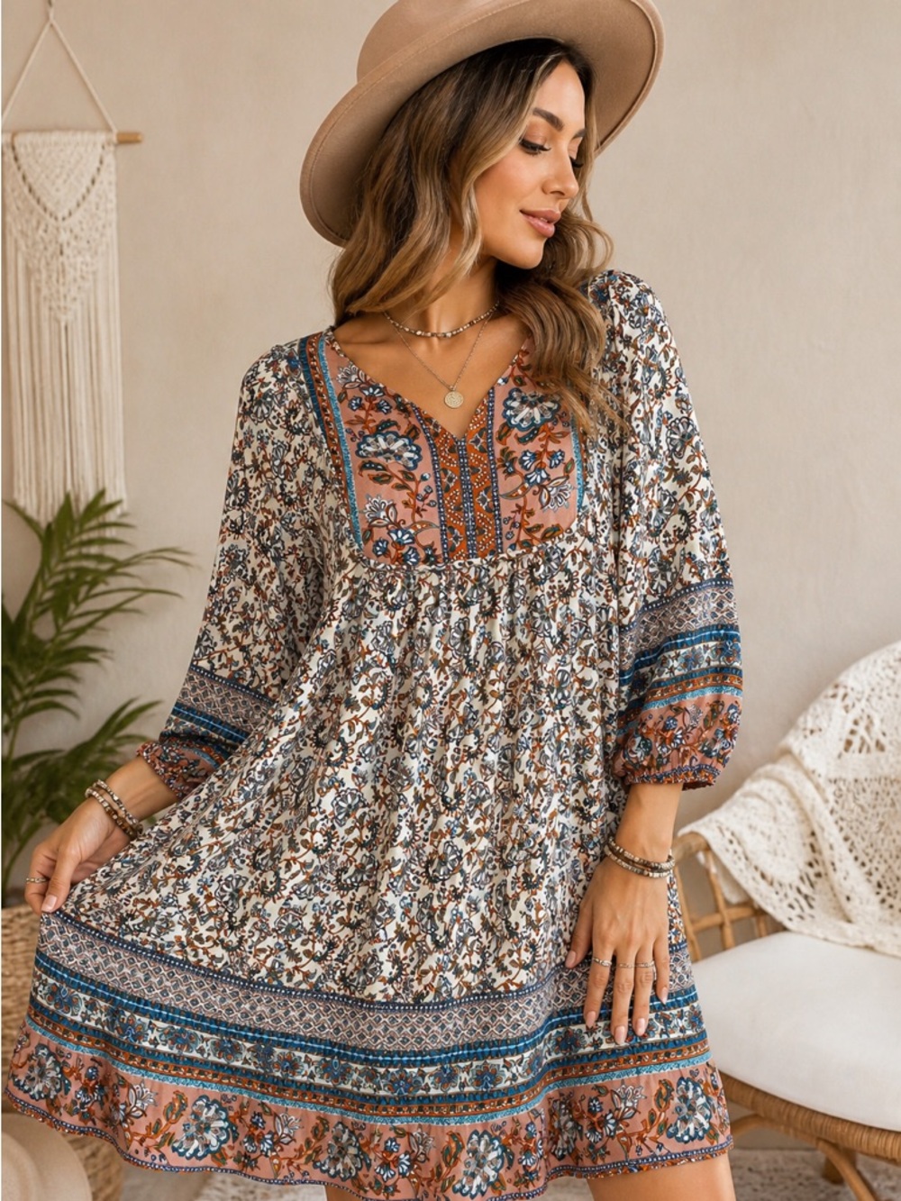 BLUETIME Boho Floral Babydoll Tunic Dress Medium Cottagecore Festival